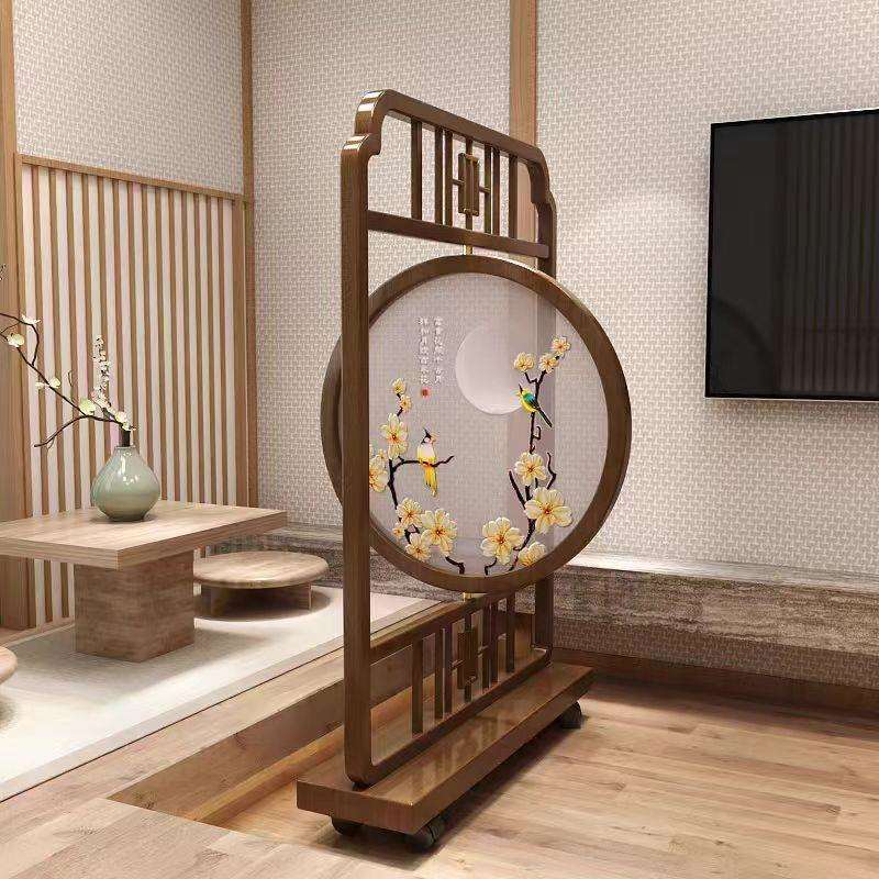新中式实木屏风入户隔断双面刺绣卧室遮挡装饰家用现代座屏进门