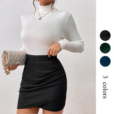 Women'S Plain Ruched Wrap Asymmetrical Hem Skirt, Casual