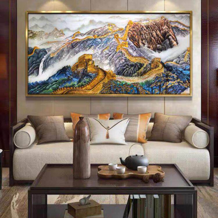 高端定制珐琅彩装饰画万里长城山水画素雅现代风客厅沙发背景墙面