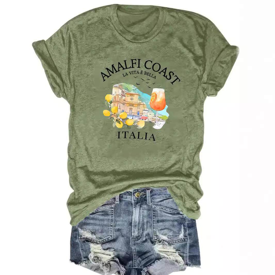 欧美T恤大码女上衣AMALFI COAST ITALIA字母印花T恤跨境短袖女