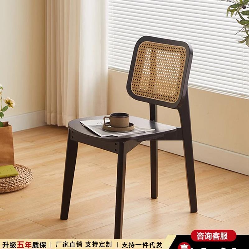 北欧实木餐椅家用客厅藤编靠背椅田园方蒲椅设计师餐厅实木椅子
