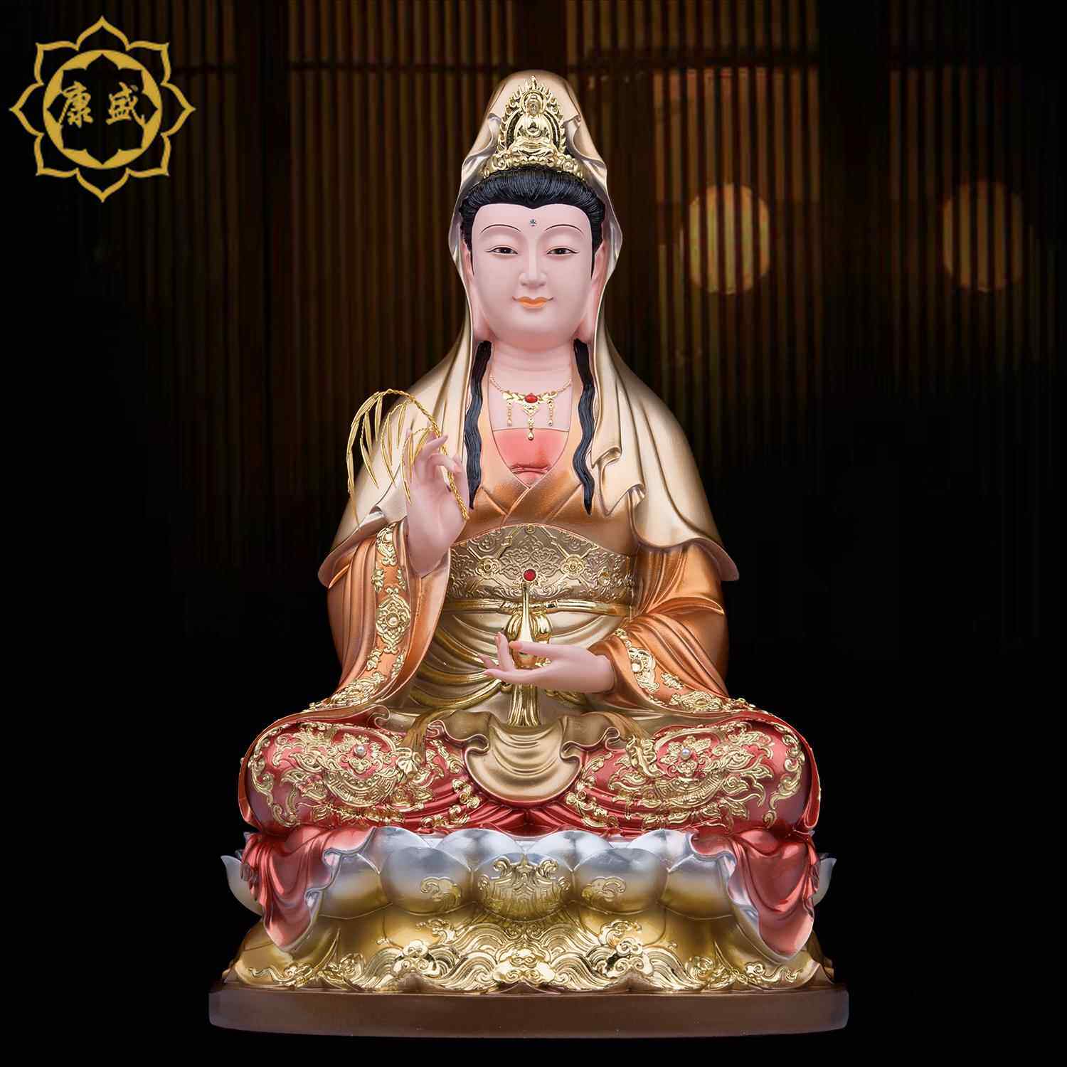 正品观音菩坐萨佛像摆件汉音白玉彩绘莲世音菩萨笑眼南海观家观用