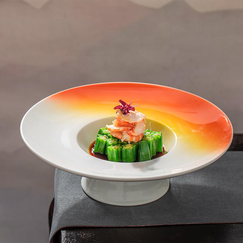 特色餐厅明档凉菜摆盘高脚草帽碗陶瓷色釉12英寸高档星级酒店餐具