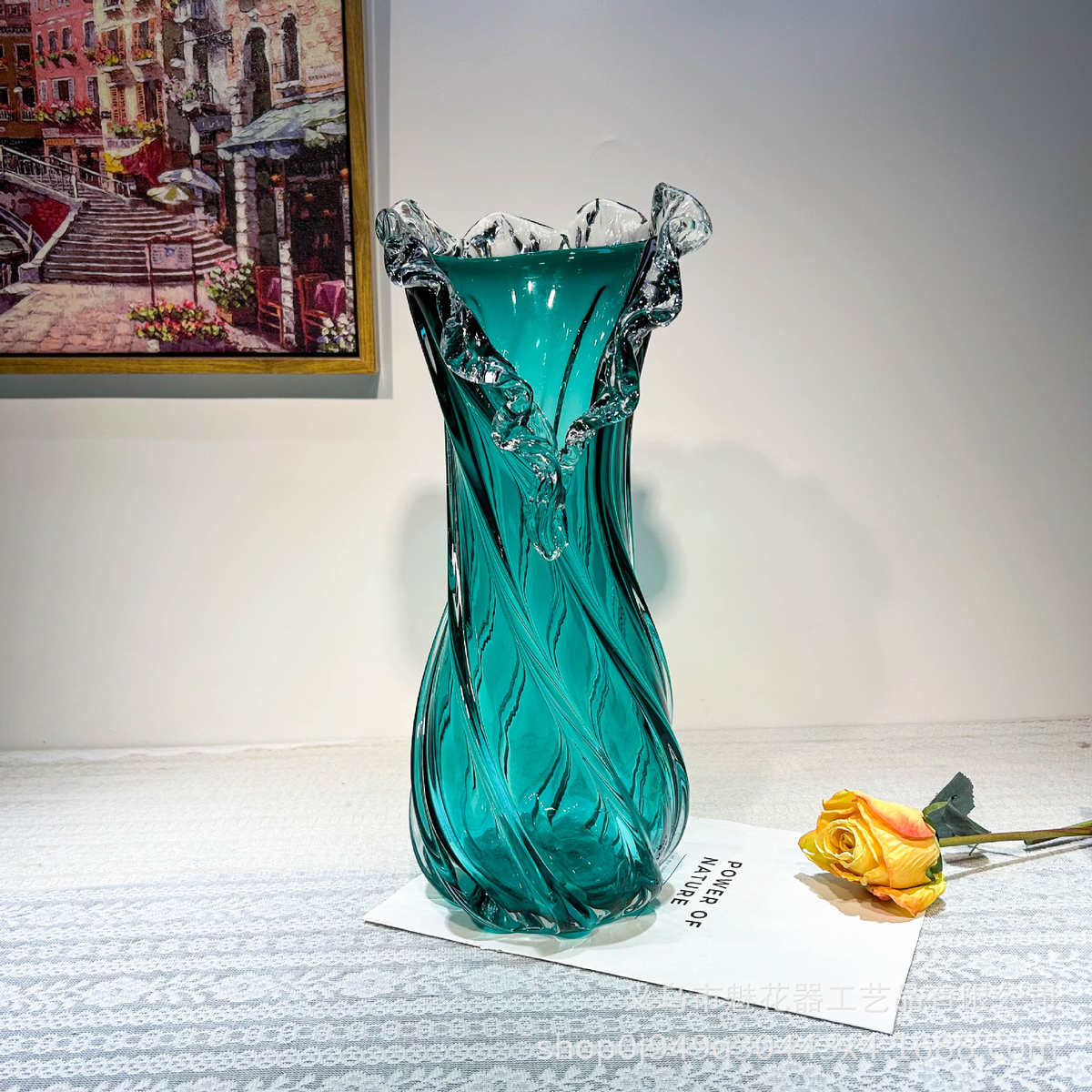 样板间花瓶装饰轻花边客厅摆件裙摆高级蓝色奢现代水果盘居家玻璃