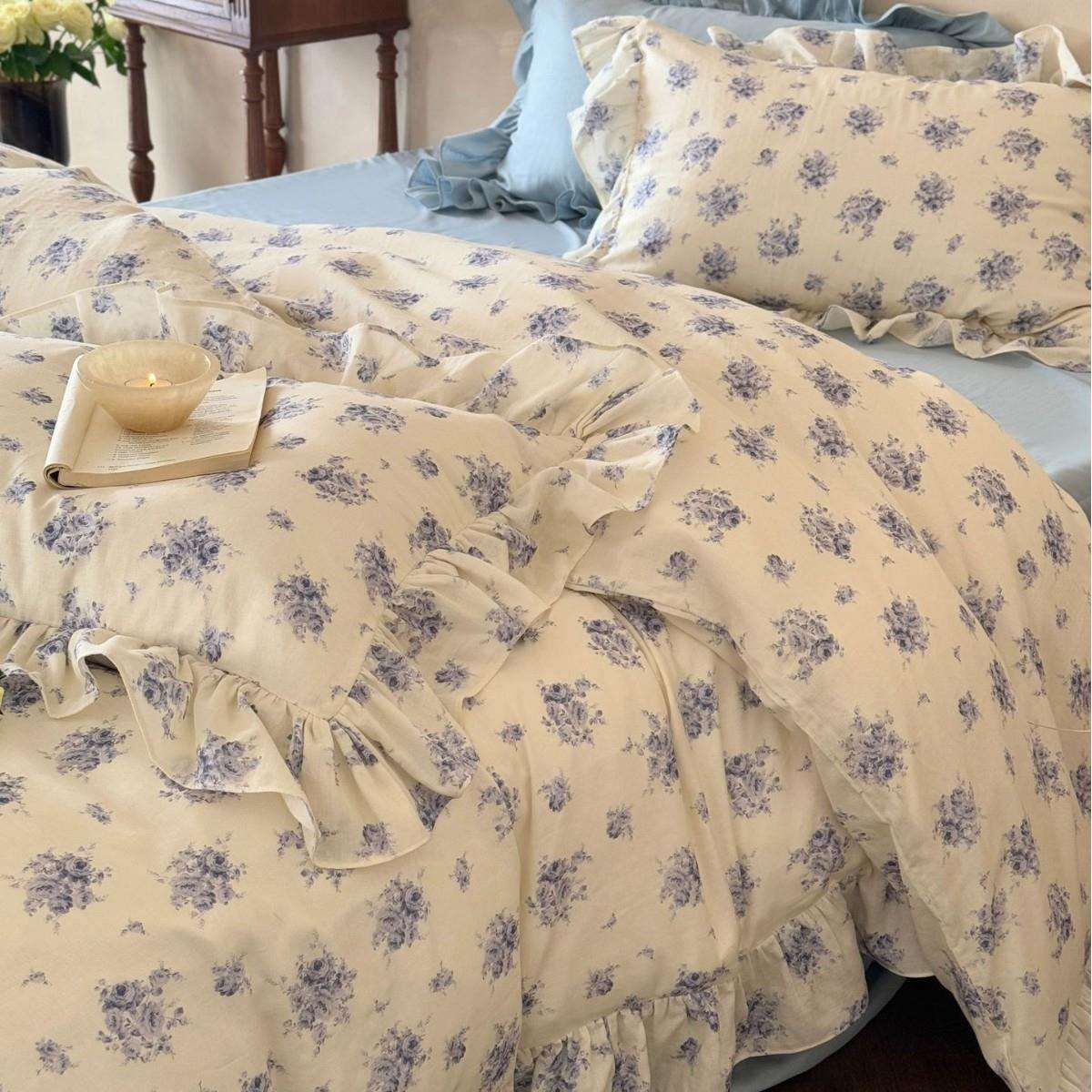 法式少女四件套a类全棉双层纱复古小碎花被套荷叶边纯棉纱布床品