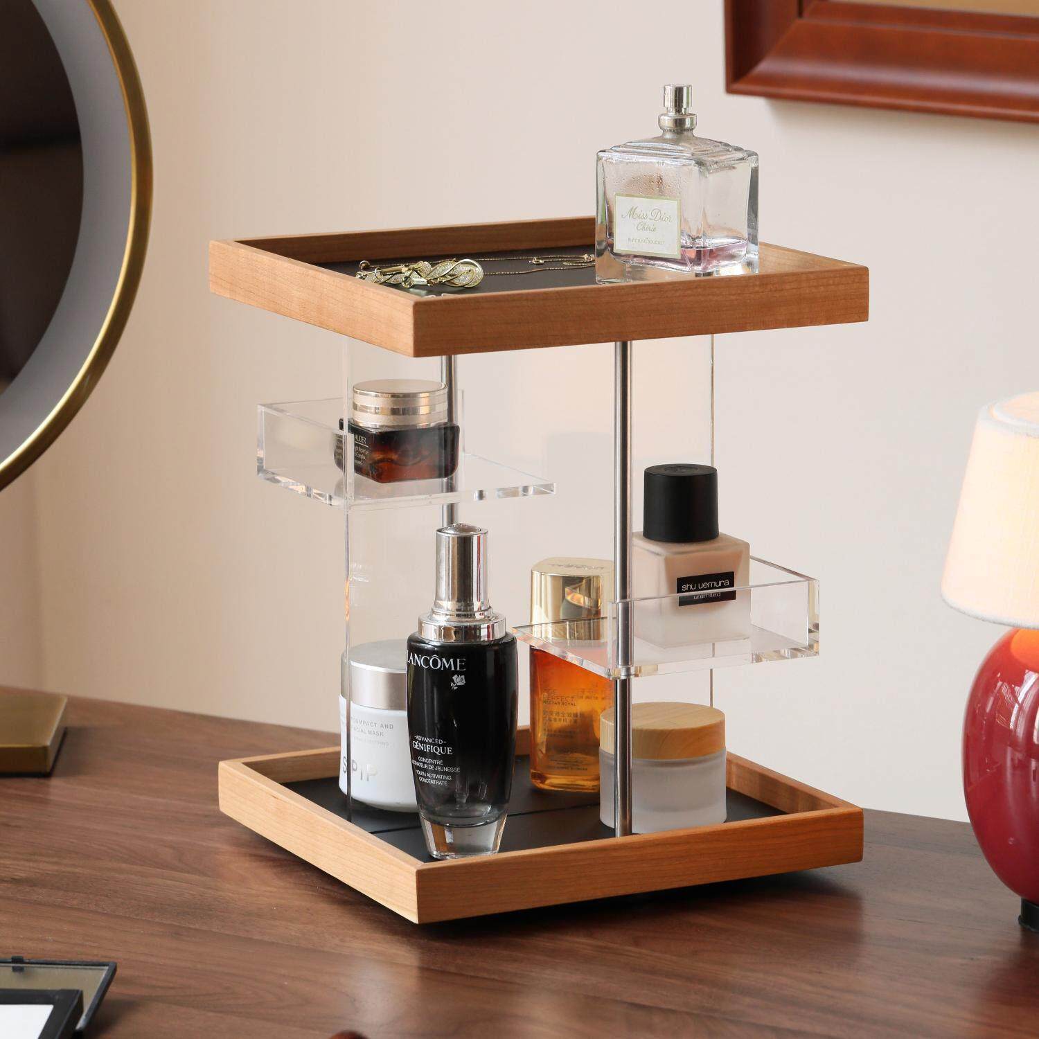 斗合中古旋转化妆品收纳盒桌面首饰香水托 托盘玄关化妆台实木置