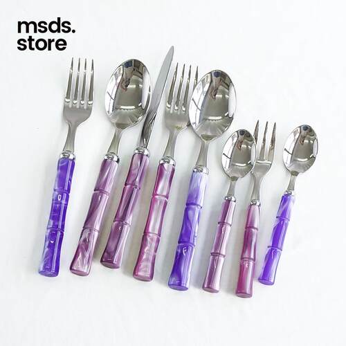 新品 意大利Rivadossi竹节紫色/粉紫色不锈钢刀叉勺3件套甜品勺