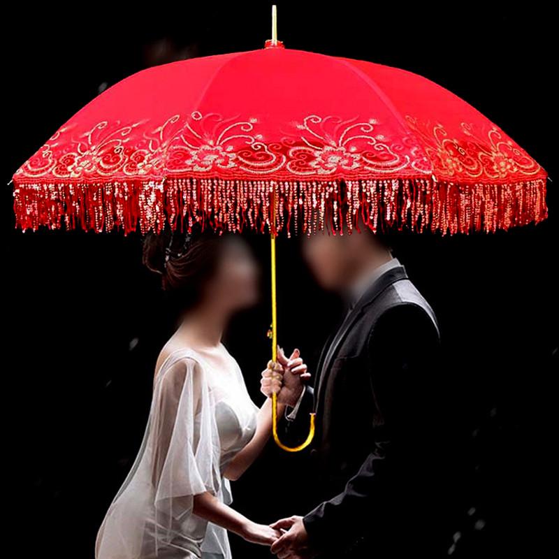 中式婚伞红雨伞婚庆出嫁结婚长柄两用伞复古蕾丝流苏新娘红伞