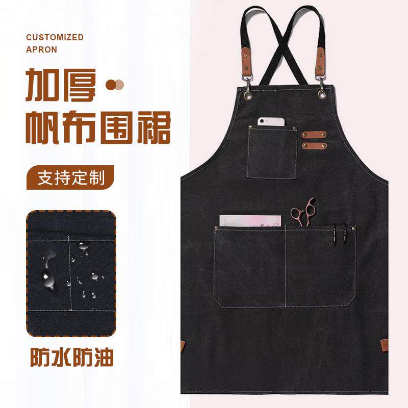 跨境帆布围裙防水防油家用厨房围腰成人工作服耐磨牛仔咖啡厅罩衣