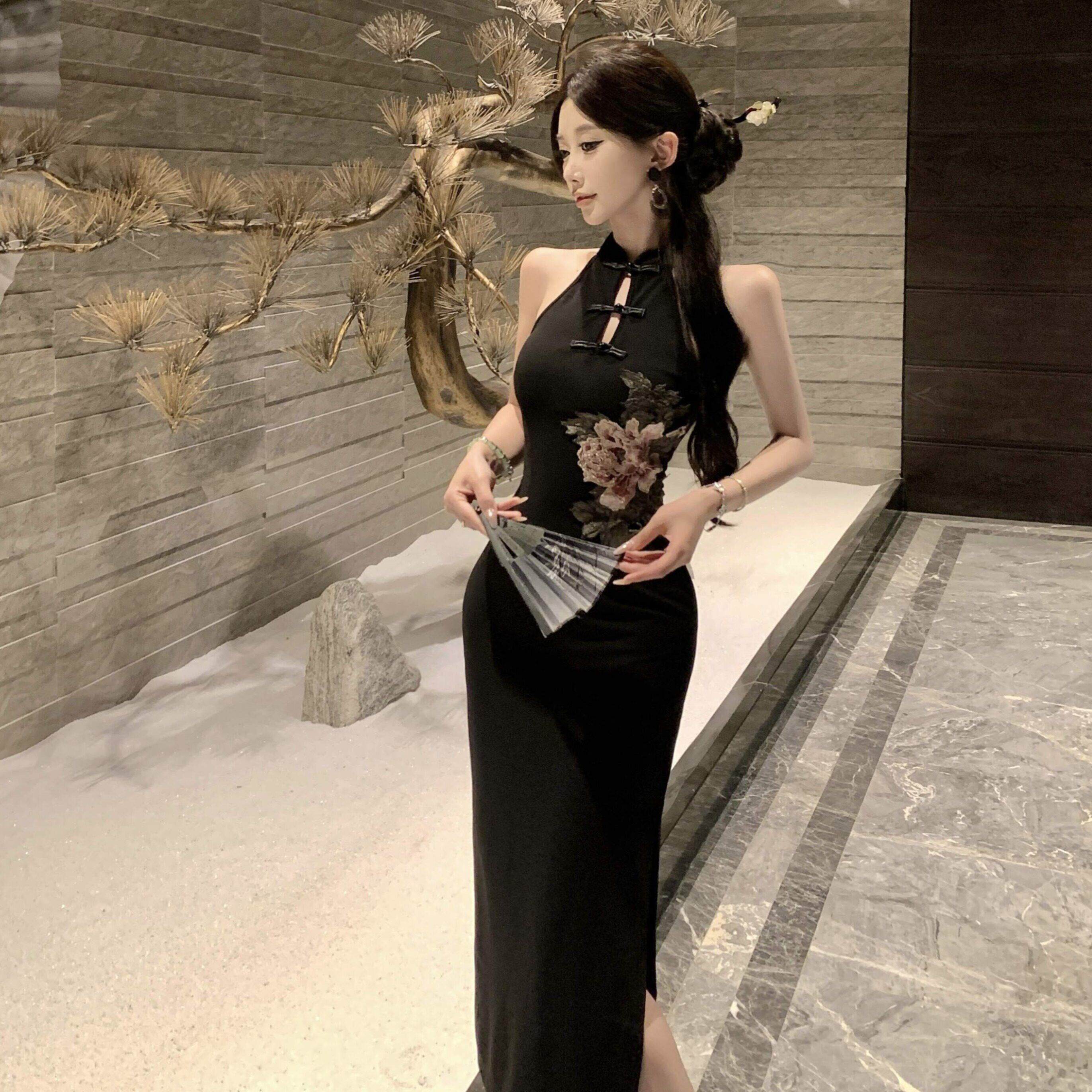 新中式国风黑色刺绣改良旗袍连衣裙女夏季高级性感晚礼服包臀长裙