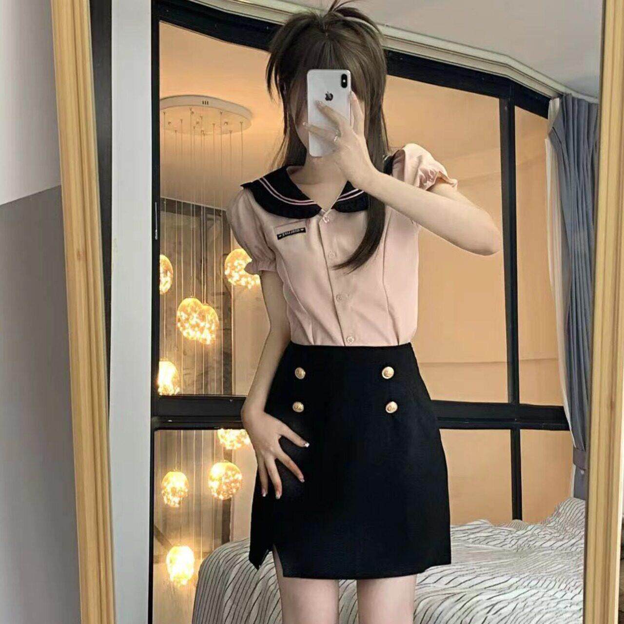 夏季辣妹jk制服学院风套装海军领短袖衬衫上衣+包臀短裙两件套潮