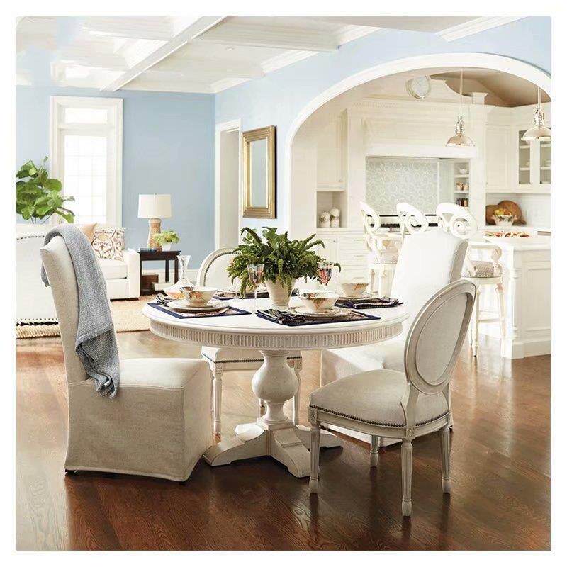 美式乡村实木餐桌椅组合白色复古别墅圆形餐桌
