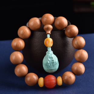 印度老山檀香15mm佛珠手串搭配蜜蜡南红南瓜绿松石龙龟吊坠文玩