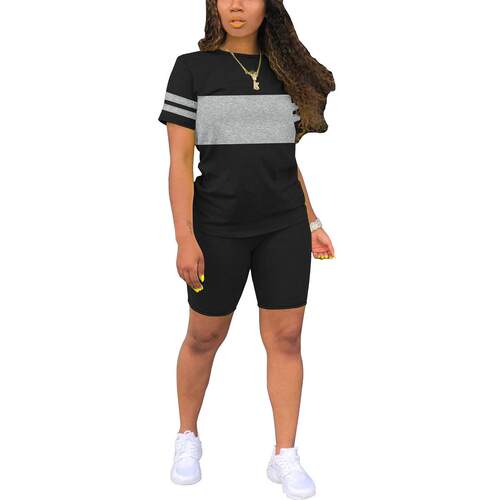 Women's Trendy Colorblock Tee & Shorts Fitted Two-piece Set