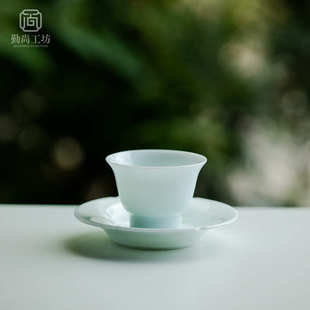 湖田影青高足杯加杯垫组合陶瓷品茗杯主人杯小茶杯家用功夫茶具