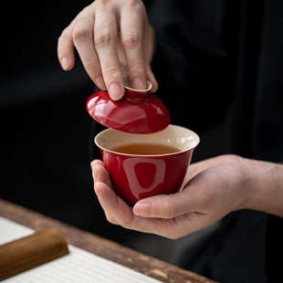 郎功夫红盖碗烫手碗言泡茶茶杯单个盖碗茶艺手工泡茶茶具弥不套装