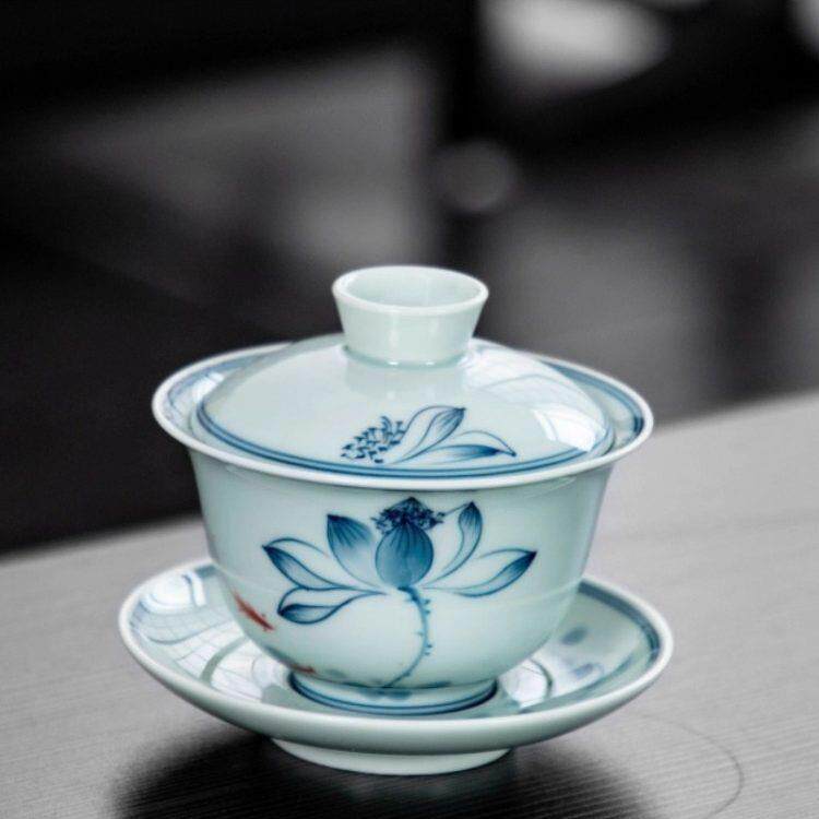 手绘青花瓷茶盖碗茶碗带盖子陶瓷功夫茶茶杯釉下彩三才喝茶泡茶具
