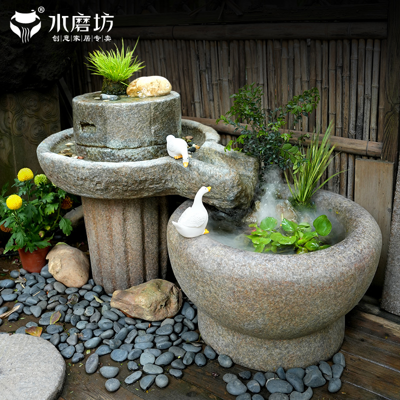 水磨坊中式庭院仿石磨流水景观网红小院布置造景鱼池花园装饰摆件