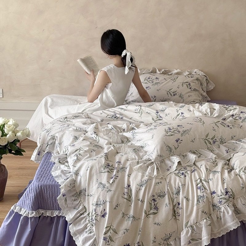 鸢尾花开 | 清新田园风荷叶花边全棉斜纹床盖四件套春夏透气床品,床上用品,床垫/床褥/床护垫/榻榻米床垫,淘宝优惠券,粉丝福利购,淘宝优惠卷