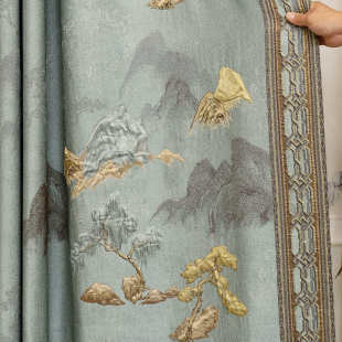 中式 窗帘山水画高档客厅卧室高精密4D大浮雕提花窗帘加厚遮光成品