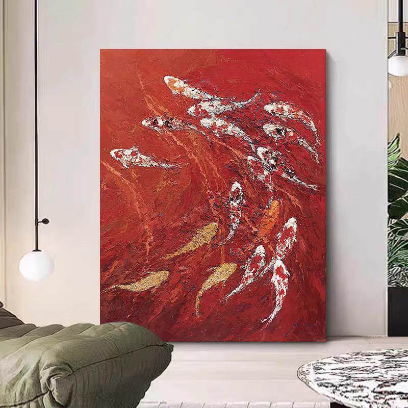中国红色新中式客厅装饰画九鱼图聚财肌理感画玄关抽象锦鲤挂壁画