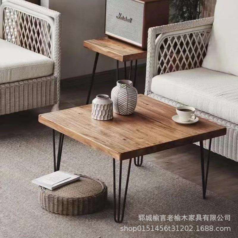 木质北欧风茶几收纳桌家用方形老榆木组合家具小户型客厅茶台茶桌