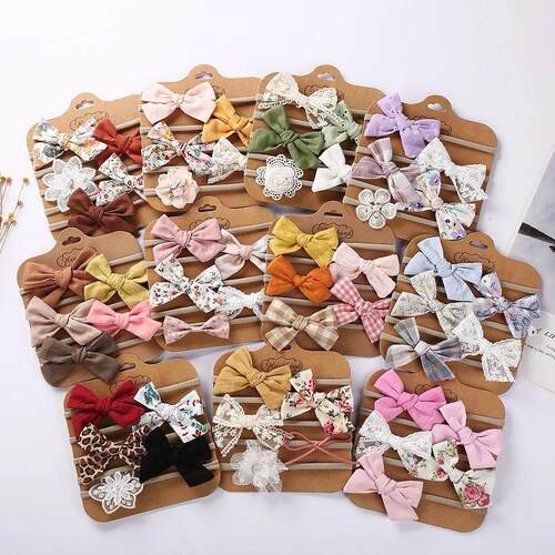 5Pcs/Set Baby Bow Headband Lace Flower Print Nylon Cotton Ha