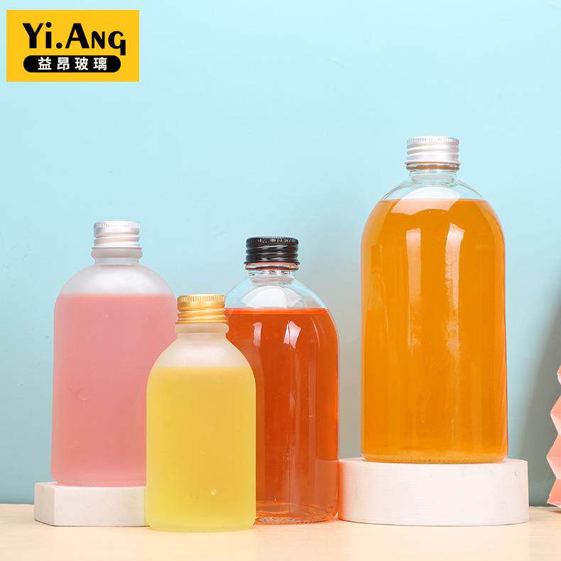 果酒瓶圆形咖啡饮料瓶玻璃果汁瓶外卖密封奶茶瓶透明蒙砂小酒瓶