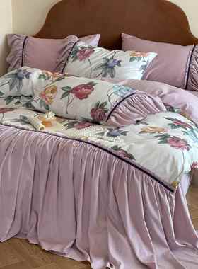 法式古1毛00支套天丝棉磨四件0000261套纯棉秋冬花卉数码印花边被