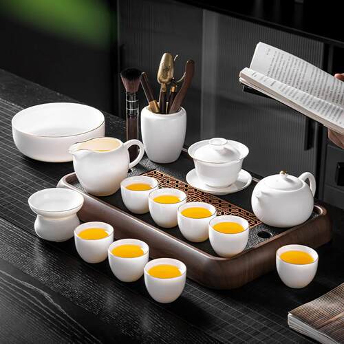 新中式羊脂玉白瓷功夫盖碗茶具套装可家用轻奢办公泡茶壶茶杯