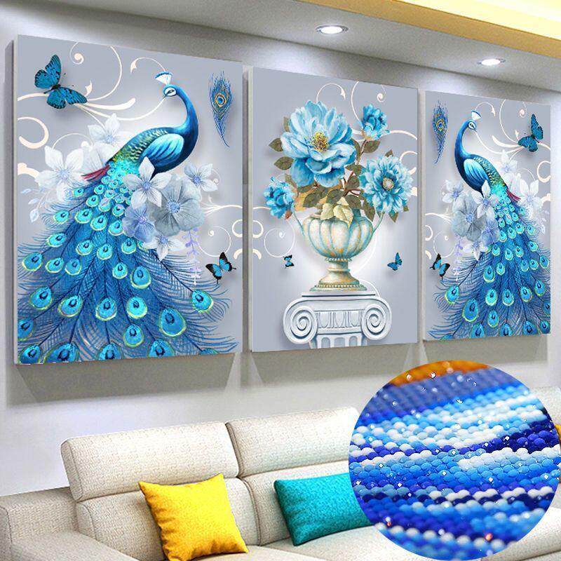 5d钻石画满钻吉祥孔雀点贴钻十字绣钻石绣2025新款客厅欧式三联画