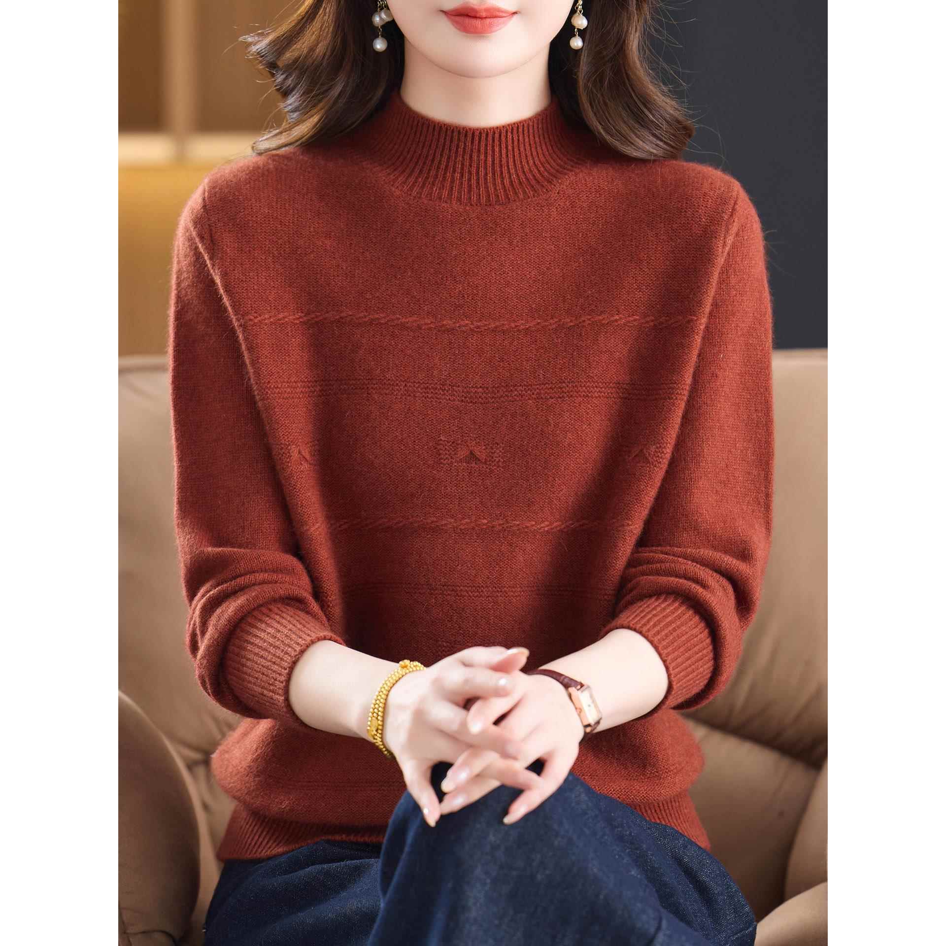 秋冬半高领纯羊毛衫女宽松内搭毛衣洋气妈妈装加厚针织打底衫