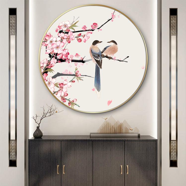喜鹊桃花装饰画 花鸟圆形玄关新中式 桃花运 中国风卧室床头挂画