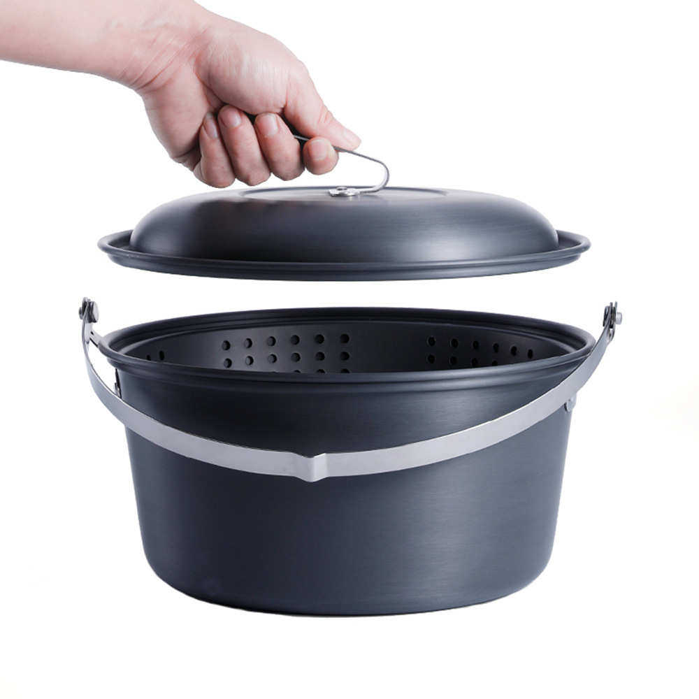 新款户外野营吊蒸锅硬质氧化铝套锅6-8人露营炊具吊锅便携锅具组
