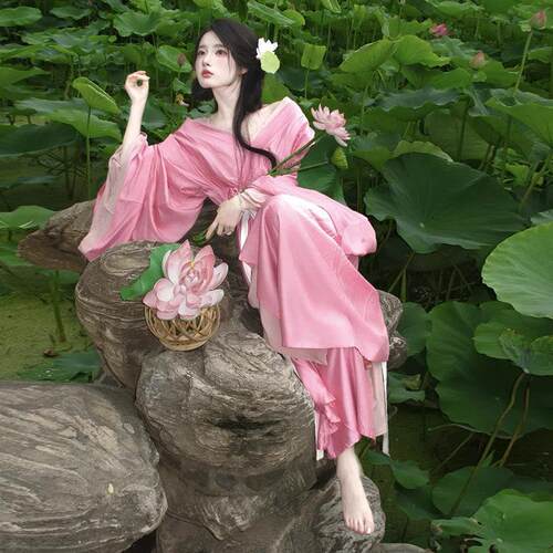 粉色荷花仙子汉服女交领齐腰大袖仙气飘飘绝美清冷感古风古装夏季