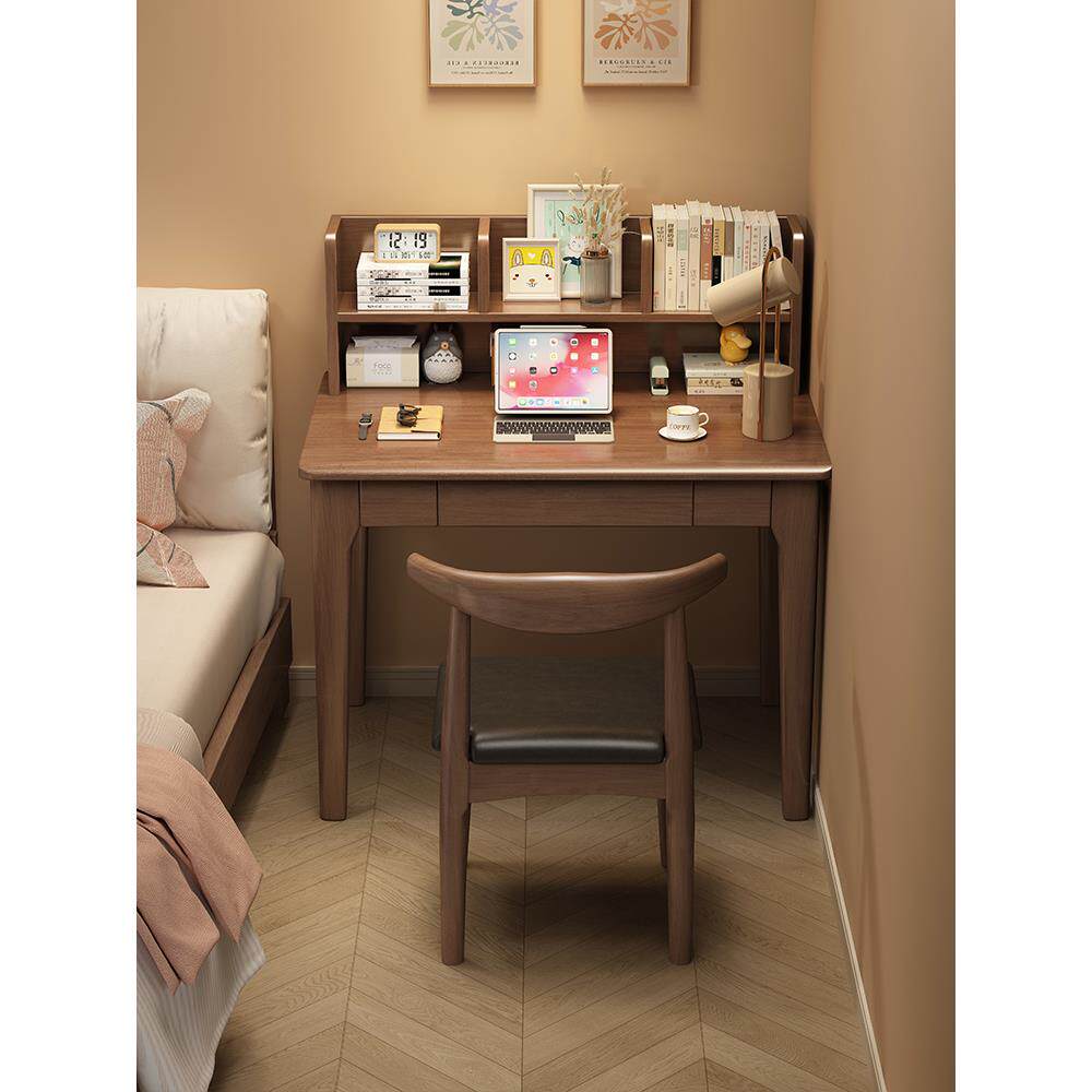 实木窄桌与书架简单的学生学习桌卧室成人电脑桌小公寓卧室写字台