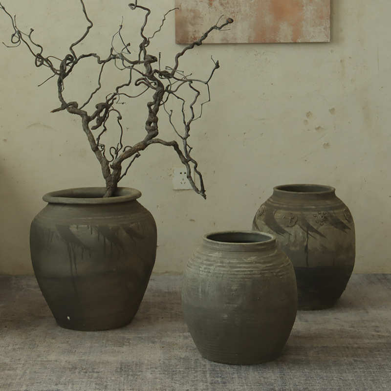 现货侘寂风大型圆肚陶罐落地大花瓶民宿粗陶花器庭院装饰土陶摆件