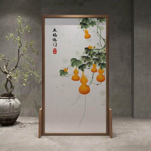 新中式屏风隔断客厅进门玄关实木移动卧室遮挡家用五福临门葫芦