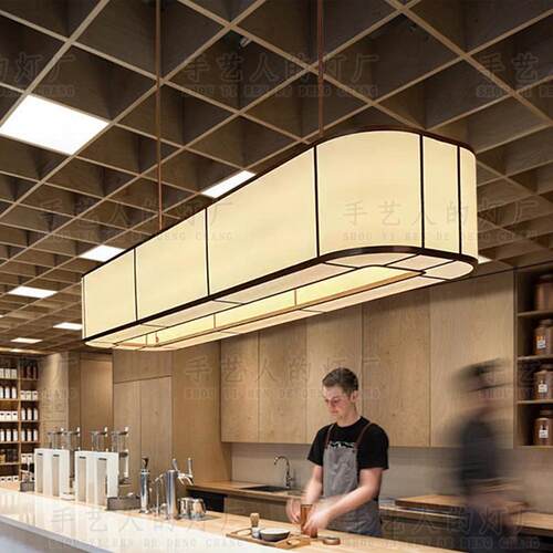 酒店中餐厅椭圆形吊灯自助茶餐厅饭店收银台岛台餐桌米色布艺吊灯