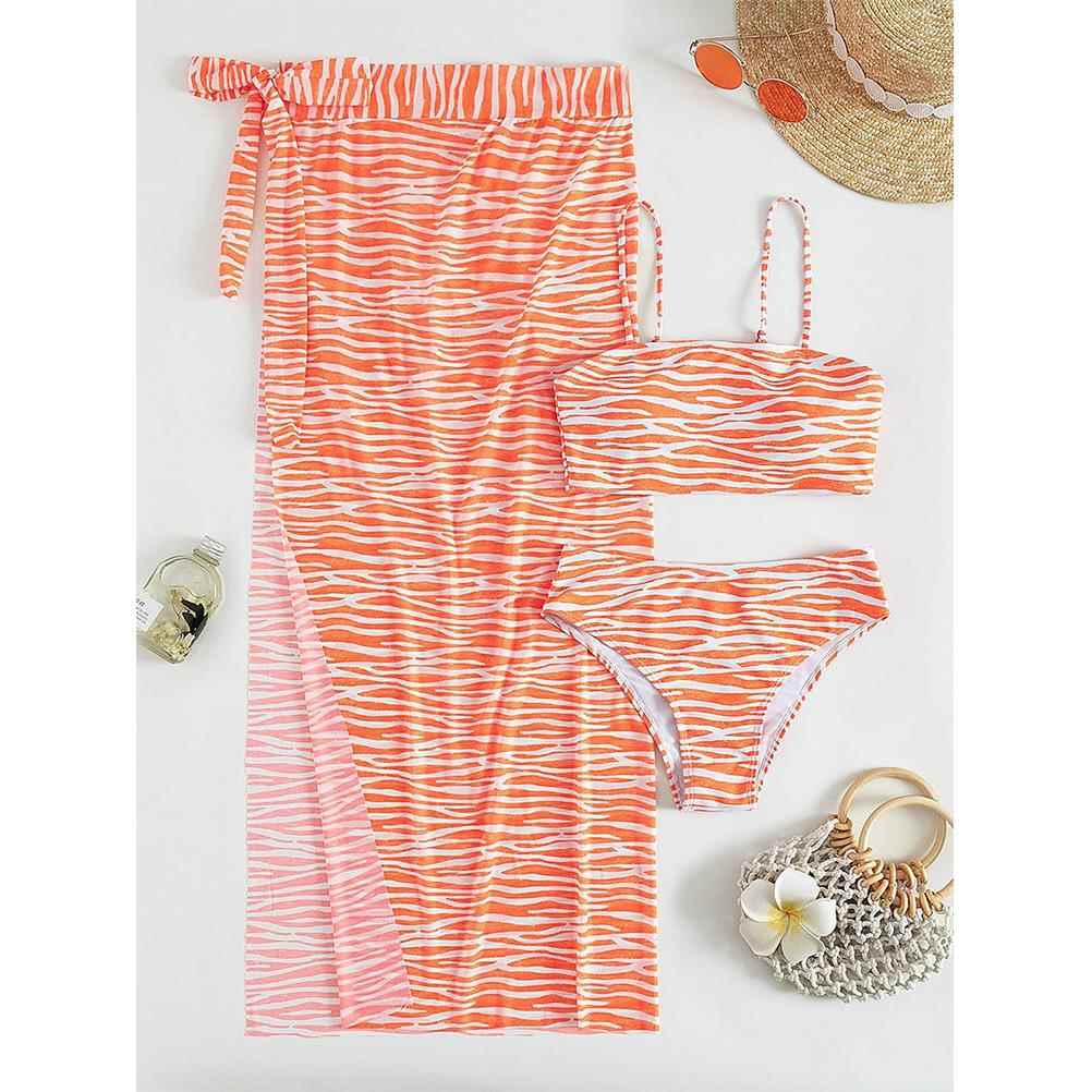 Sexy three-piece bikini swimsuit striped cardigan skirt