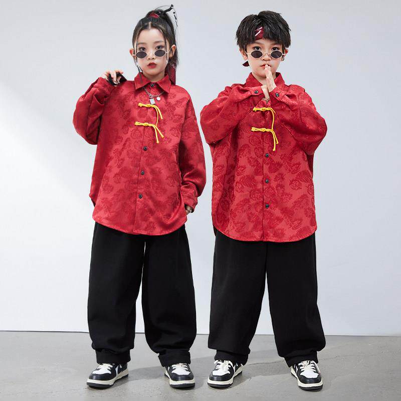 中国风街舞演出服帅气hiphop套装男女武术练功服红色架子鼓表演服