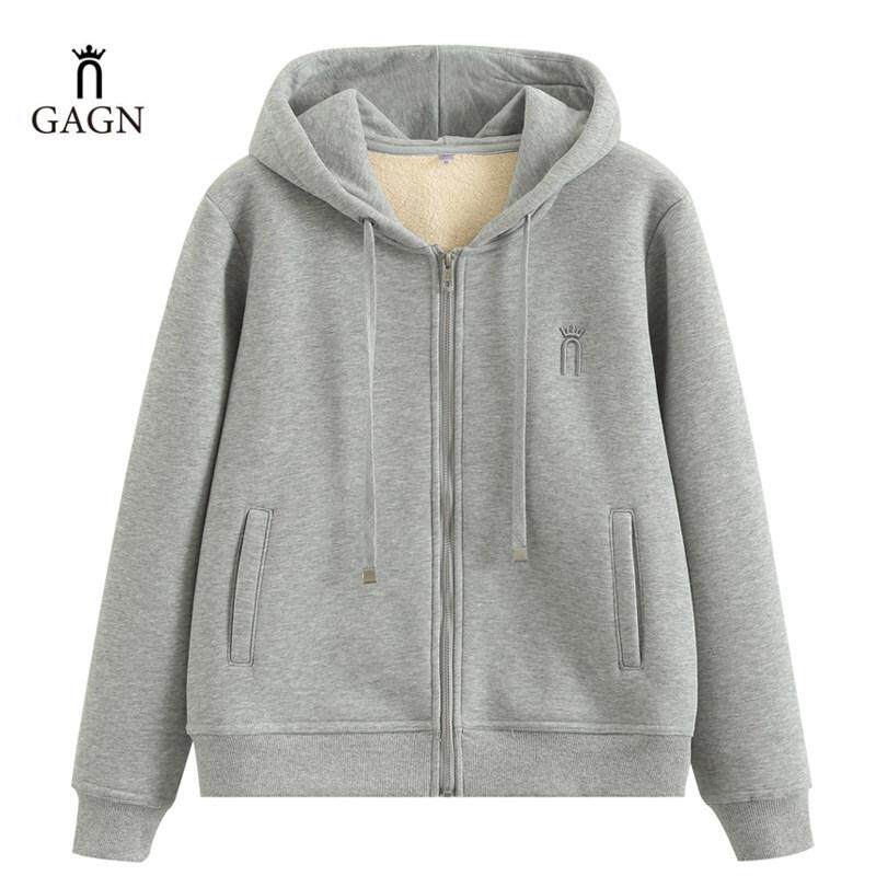 MAROLIO新款爆款加绒卫衣秋冬灰色连帽外套休闲开衫冬季拉链上衣