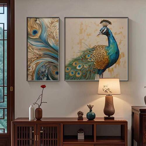 法式复古餐厅挂画高级感孔雀客厅背景墙装饰画新中式饭厅组合壁画