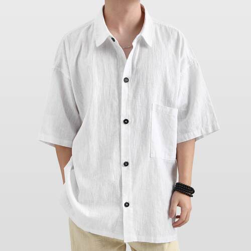 Men's linen shirt collar short sleeved jacket - Yu