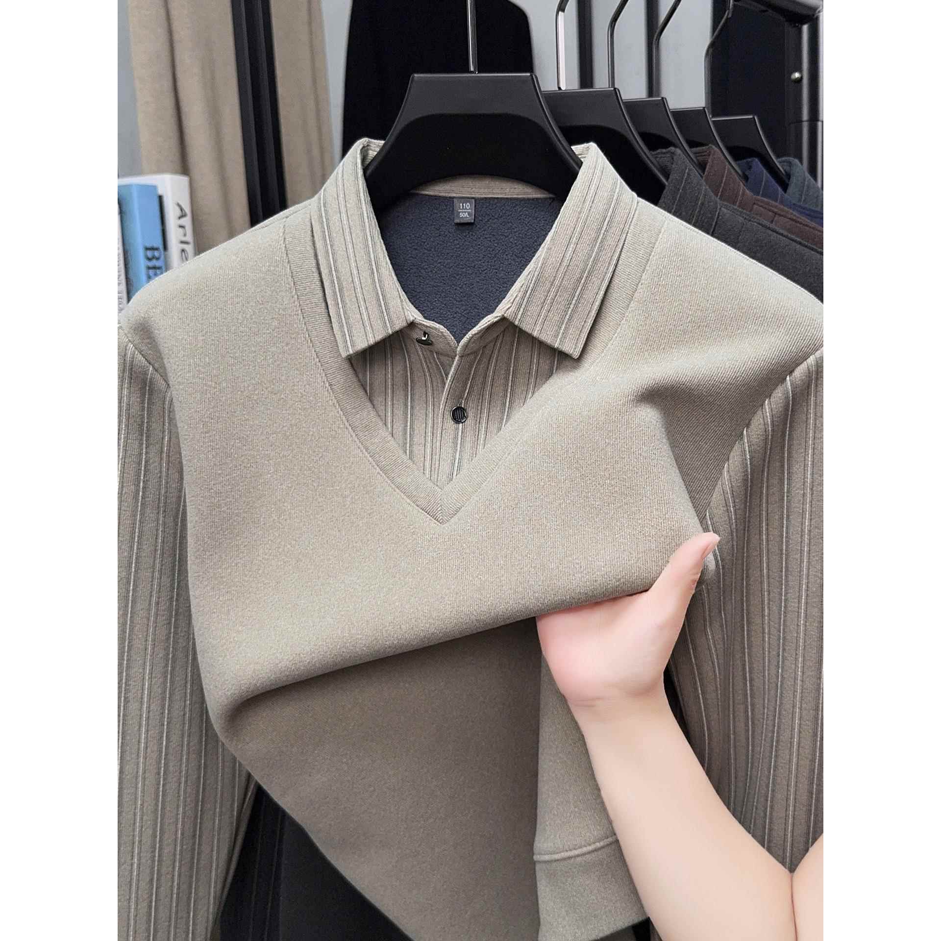 一体绒衬衫领假两件毛衣男加厚加绒保暖内搭针织打底衫1204e