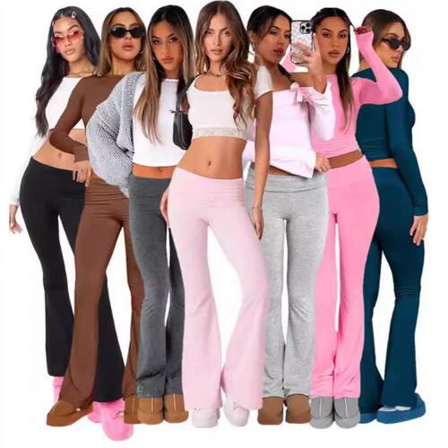 Womens Autumn Bell Bottom Pants High Waisted Stretch Solid