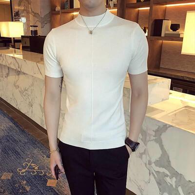男士半高领白色针织衫短袖男T恤韩版修身纯色半袖紧身打底羊毛衫