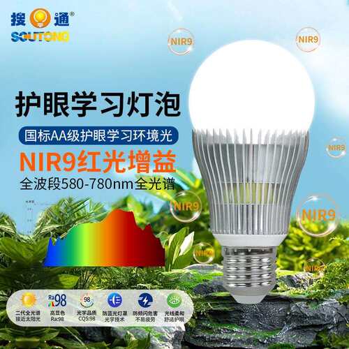 NIR红光增强哺光灯泡全光谱护眼球泡灯Ra98高显指E27E14学习台灯