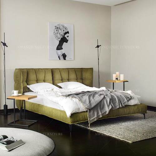 意大利布艺床现代简设计轻奢婚床意式麻极简主师卧1.8C909米棉大