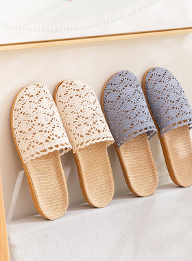 新款四季包头蕾丝居家亚麻女士拖鞋室内防滑家用木地板静音凉托鞋